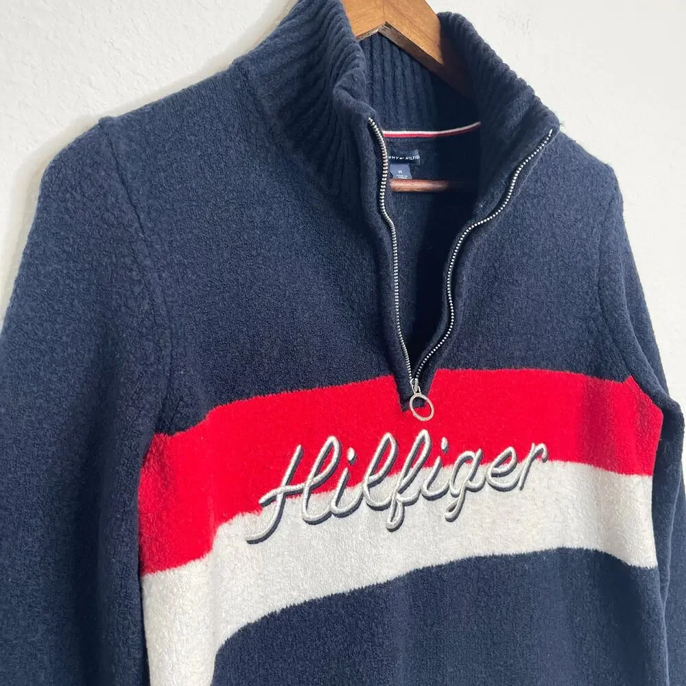 Tommy Hilfiger Quarter Zip Sweater Men’s Medium Navy Red White Logo Pullover